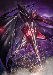 Rule 34 | abbadomon, abbadomon core, arm blade, arm cannon, black cape, black skin, cape, colored skin, digimon, digimon (creature), extra eyes, extra mouth, glowing, glowing eyes, highres, joker ko1118, multicolored skin, polearm, red eyes, red skin, redrawn, sharp teeth, solo, spear, teeth, two-tone skin, weapon
