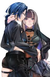 2girls absurdres ass asymmetrical_legwear black_hair black_jacket black_pants blonde_hair blue_eyes blue_hair chiyokurayuki goth_fashion hand_on_another&#039;s_neck hand_on_own_hip highres hiodoshi_ao hololive hololive_dev_is jacket juufuutei_raden light_smile long_hair looking_at_viewer multiple_girls pants ponytail short_hair short_ponytail simple_background standing virtual_youtuber white_background