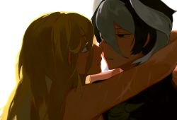 Rule 34 | 2girls, backlighting, bare shoulders, black hair, blonde hair, blue eyes, brown eyes, colored eyelashes, eye contact, face-to-face, grey hair, hair between eyes, half-closed eyes, highres, horns, hug, imminent kiss, long hair, looking at another, lyza (made in abyss), made in abyss, multicolored hair, multiple girls, outstretched arm, outstretched arms, ozen, portrait, scar, scar on arm, shiro (shirohakura), simple background, two-tone hair, white background, yuri