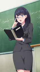 1girl :o adjusting_eyewear archived_source bespectacled black_hair black_jacket blazer blue_eyes book breasts chalkboard collared_shirt equal_sign feet_out_of_frame finger_on_eyewear formal_clothes game_cg glasses gridman_universe hair_over_shoulder highres holding holding_book index_finger_raised indoors jacket long_hair long_sleeves looking_at_viewer math medium_breasts official_art open_book open_mouth pencil_skirt plus_sign rimless_eyewear shirt skirt solo ssss.gridman suit takarada_rikka talking teacher teeth third-party_source upper_teeth_only v-shaped_eyebrows white_shirt