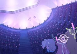 6+girls ahoge animal_ear_fluff animal_ears ayane_(blue_archive) ayane_(idol)_(blue_archive) black_gloves black_hair black_hat black_shoes black_thighhighs black_vest blonde_hair blue_archive blue_jacket blue_scarf blue_shirt dancing gloves grey_hair grey_halo hair_bun halo hat highres holding holding_lightstick holding_paper hoshino_(blue_archive) huge_ahoge jacket multiple_girls non-web_source nonomi_(blue_archive) official_alternate_costume official_art paper pink_hair scarf serika_(blue_archive) serika_(idol)_(blue_archive) shiroko_(blue_archive) shirt shoes single_side_bun stage thighhighs vest wolf_ears wolf_girl