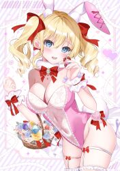 1girl absurdres animal_ears bare_shoulders blonde_hair blue_eyes blush bow bowtie breasts cleavage commentary_request covered_navel cowboy_shot egg fake_animal_ears fake_tail frilled_wrist_cuffs frills hair_between_eyes hands_up highleg highleg_leotard highres holding holding_egg large_breasts leaning_forward leotard long_hair looking_at_viewer open_mouth original pink_leotard playboy_bunny rabbit_ears rabbit_tail red_bow red_bowtie solo strapless strapless_leotard tail teeth tsukimiya_sara two_side_up upper_teeth_only white_wrist_cuffs wicker_basket wrist_cuffs