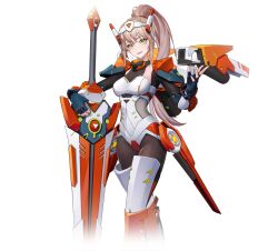 1girl armor armored_boots bodysuit boots breasts brown_hair fingerless_gloves gloves greatsword green_eyes headgear holding holding_sword holding_weapon huge_weapon long_hair looking_at_viewer mecha_musume medium_breasts official_art ponytail shoulder_armor smile solo starward sword transparent_background weapon white_background xviii_(starward)