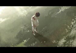 1boy absurdres alien_stage black_hair blood blood_on_clothes chinese_commentary commentary full_body grass highres ivan_(alien_stage) letterboxed long_sleeves looking_down male_focus pants seppuku009 shirt short_hair solo white_pants white_shirt
