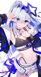 Rule 34 | 1girl, :q, absurdres, amane kanata, amane kanata (lock on), armpits, asymmetrical bangs, belt, black jacket, black sports bra, blue hair, breasts, colored inner hair, crop top, earrings, eme (emeralda), eyes visible through hair, hair over one eye, halo, highres, hololive, jacket, jewelry, long hair, looking at viewer, midriff, multicolored hair, navel, official alternate costume, official alternate hairstyle, open clothes, open jacket, ponytail, short shorts, shorts, simple background, small breasts, smile, solo, sports bra, star halo, stomach, tongue, tongue out, v, virtual youtuber, watermark, white background, white shorts, wings