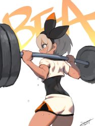 1girl abs ass barefoot bea_(pokemon) bodysuit bodysuit_under_clothes character_name dark-skinned_female dark_skin exercising female_focus gloves grey_eyes grey_hair gym_leader hairband hichi highres muscular nintendo pokemon pokemon_swsh ribbon shirt short_hair short_sleeves shorts solo sweat weightlifting weights white_shirt wristband