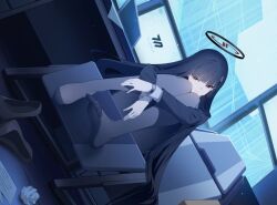 1girl artist_request black_hair black_halo black_jacket black_pantyhose black_skirt blue_archive blunt_bangs bright_pupils chair closed_mouth desk dutch_angle feet formal_clothes full_body game_cg hair_ornament hairclip hairpin half-closed_eyes halo highres hugging_own_legs indoors jacket knees_together_feet_apart knees_up legs long_hair long_sleeves looking_at_viewer millennium_science_school_logo multicolored_halo no_shoes official_art on_chair pantyhose red_eyes ringed_eyes rio_(blue_archive) shoes sitting skirt soles solo suit sweater tablet_pc toes two-tone_halo unworn_shoes very_long_hair watch white_pupils white_sweater wristwatch