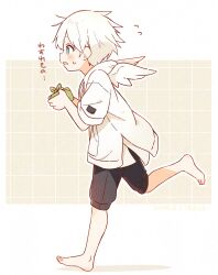 1boy barefoot black_shorts blue_eyes blush box child far_tarooo flying_sweatdrops hair_behind_ear highres holding holding_box hood hood_down hoodie kuro_(far_tarooo) male_focus open_mouth original parted_bangs profile running short_hair short_sleeves shorts solo translation_request white_hair white_hoodie white_wings wings