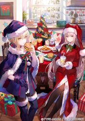 Rule 34 | 2girls, artoria pendragon (fate), blue gloves, blue santa costume, boots, bow, braid, burger, cape, chicken nuggets, christmas, christmas tree, cup, disposable cup, drinking straw, fast food, fate/grand order, fate (series), florence nightingale (fate), florence nightingale (santa) (fate), food, fou (fate), french fries, front slit, fur-trimmed boots, fur-trimmed cape, fur-trimmed headwear, fur-trimmed sleeves, fur boots, fur trim, fuzichoco, gift, gloves, grey hair, hair bun, hair ribbon, hat, high heels, holding, ketchup, kitchen, lettuce, long hair, mcdonald&#039;s, multicolored bow, multiple girls, official art, pantyhose, ribbon, saber alter, santa alter, santa costume, santa hat, sauce, sesame seeds, sidelocks, sitting, snowman, standing, stove, striped ribbon, table, utensil rack, white gloves, yellow eyes