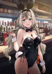 1girl absurdres animal_ears badge bar_(place) black_bow black_bowtie black_leotard blurry blurry_background bow bowtie breasts brown_eyes cleavage contrapposto counter cowboy_shot detached_collar fishnet_pantyhose fishnets green_eyes highres large_breasts leotard low_twintails open_mouth original pantyhose playboy_bunny rabbit_ears rabbit_tail round_teeth side-tie_leotard solo standing strapless strapless_leotard tail teeth tray twintails upper_teeth_only wrist_cuffs yoshii_yumi