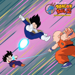 3boys bald bald_male black_eyes black_hair dodging dragon_ball genki_dama in_the_ass kuririn multiple_boys saiyan_armor son_gohan surprised vegeta
