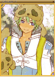 Rule 34 | 1boy, arch bishop (ragnarok online), bad id, blue coat, card (medium), closed mouth, coat, commentary request, cropped jacket, cross, cross necklace, green hair, jacket, jewelry, lala (sputnik), looking at viewer, lowres, male focus, necklace, purple eyes, raccoon hat, ragnarok online, short hair, smile, solo, upper body, white jacket
