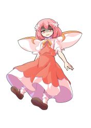 1girl brown_shoes collared_shirt commentary_request commission dairi daiyousei_mob_(touhou) dress fairy fairy_wings full_body highres jitome large_variant_set looking_at_viewer neck_ribbon open_mouth orange_eyes pink_hair red_dress ribbon shaded_face shirt shoes short_hair short_sleeves skeb_commission smile socks solo tachi-e touhou touhou_sangetsusei transparent_background variant_set white_shirt white_socks wings yellow_ribbon