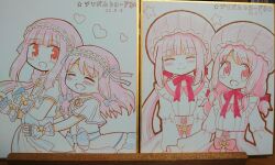 Rule 34 | 2girls, :d, ^ ^, alternate costume, bad id, bad twitter id, blue ribbon, blunt bangs, blush, bow, capelet, closed eyes, closed mouth, dated, dot nose, dress, facing viewer, flower, frilled dress, frilled hairband, frills, hair ribbon, hairband, happy, heart, hug, hug from behind, juliet sleeves, long dress, long hair, long sleeves, looking at viewer, low ponytail, magia record: mahou shoujo madoka magica gaiden, mahou shoujo madoka magica, multiple girls, neck ribbon, open mouth, pink bow, pink eyes, pink hair, pink ribbon, ponytail, puffy short sleeves, puffy sleeves, reverse (bluefencer), ribbon, shikishi, short sleeves, siblings, sidelocks, simple background, sisters, smile, star (symbol), tamaki iroha, tamaki ui, traditional media, white dress, wrist cuffs