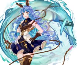 Rule 34 | 1girl, animal ears, azaka (rionrita), bare shoulders, blue hair, breasts, brown eyes, brown gloves, brown thighhighs, commentary request, cowboy shot, dress, earrings, erune, ferry (granblue fantasy), frilled dress, frills, gloves, granblue fantasy, hand on own hip, highres, jewelry, long hair, looking at viewer, single earring, sleeveless, sleeveless dress, smile, solo, standing, thighhighs, wavy hair, whip
