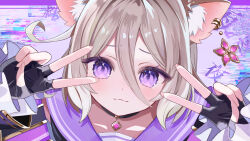1girl absurdres animal_ear_piercing animal_ears asa_going black_gloves blush brown_hair closed_mouth commentary_request double_v fingerless_gloves gloves highres jewelry looking_at_viewer necklace neo-porte purple_eyes purple_sailor_collar sailor_collar solo v virtual_youtuber yozuna_niu