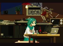 1girl animated animated_gif blue_hair computer crt female_focus laptop motocross_saito one_side_up original phonograph pixel_art school_uniform sitting solo table television turntable wariza