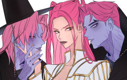 Rule 34 | 1girl, 2boys, abby (kpop demon hunters), brown eyes, bvanian, colored skin, demon, eyeshadow, fangs, fingernails, hashtag-only commentary, high collar, highres, jacket, kpop demon hunters, long fingernails, looking at another, makeup, mira (kpop demon hunters), multiple boys, pink hair, romance (kpop demon hunters), short hair, sidelocks, simple background, twintails, upper body, white background, white jacket, yellow eyes