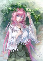 1girl absurdres alternate_costume black_skirt blue_eyes breasts chinese_commentary commentary_request elf elysia_(honkai_impact) highres honkai_(series) honkai_impact_3rd large_breasts long_hair looking_at_viewer miyoushe_watermark pink_hair pink_pupils pink_smell pointy_ears shirt skirt smile solo very_long_hair watermark white_shirt
