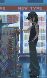1girl absurdres arm_tattoo baggy_pants baseball_cap black_hair black_shirt bottle bracelet chinese_commentary commentary_request convenience_store food_packaging from_side full_body hand_in_pocket hat headphones headphones_around_neck highres holding indoors jewelry mikann_(clm_mikan) original pants profile refrigerator shirt shop shopping shopping_basket short_hair sleeveless sleeveless_shirt slippers solo standing tattoo tile_floor tiles water_bottle watermark weibo_watermark