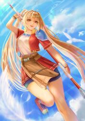 1girl ahoge antenna_hair armor artist_name bike_shorts bird blue_sky breasts brown_gloves brown_hair cloud cropped_jacket double-parted_bangs eiyuu_densetsu estelle_bright fingerless_gloves gloves hair_between_eyes hair_intakes holding holding_staff holding_weapon long_hair medium_breasts open_mouth outdoors pauldrons red_eyes shoes short_sleeves shorts shoulder_armor single_pauldron skirt sky smile sneakers solo sora_no_kiseki staff twintails vordvord weapon