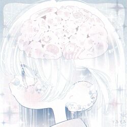1girl artist_name bandaid bandaid_on_face bandaid_on_nose blunt_bangs blush brain closed_mouth ear_piercing eyelashes highres long_hair monochrome original piercing portrait solo sparkle sticker sticker_on_face tears thk_41 white_theme