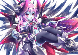 Rule 34 | armor, armored dress, asmodeus (eco), bare shoulders, black dress, black thighhighs, blue skin, body markings, boots, breasts, colored skin, demon girl, demon horns, demon wings, dress, emil chronicle online, highres, holding, holding sword, holding weapon, horns, medium breasts, midriff, navel, open mouth, pink hair, red eyes, sword, thighhighs, weapon, wings, yupi828