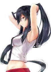 10s 1girl anchor_symbol armpits arms_up black_hair breasts female_focus from_side gloves kantai_collection large_breasts long_hair looking_at_viewer looking_to_the_side midriff parted_lips ponytail red_eyes school_uniform serafuku sidelocks simple_background skirt solo suien very_long_hair white_background white_gloves yahagi_(kancolle)
