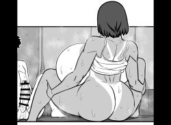 1boy 1girl aki_(amazon) amazon_(taitaitaira) ass backboob bar_censor bare_arms bare_legs bare_shoulders breasts censored clothes_lift completely_nude dark-skinned_female dark_skin erection from_behind gigantic_breasts huge_ass huge_breasts large_penis large_testicles looking_at_another medium_hair monochrome nude on_floor original penis presenting shirt_lift sitting spaghetti_strap spread_legs steam steaming_body sweat tagme tan tanline testicles yuu_(amazon)