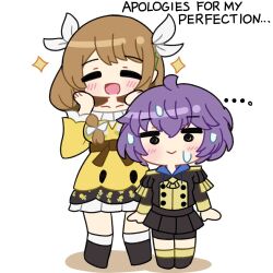 2girls ahoge bernadetta_von_varley braid breasts chibi chibi_only dress english_text fire_emblem fire_emblem:_three_houses fire_emblem_engage garreg_mach_monastery_uniform goldmary_(fire_emblem) highres hiro_kayama low_ponytail medium_breasts multiple_girls nintendo open_mouth ponytail purple_hair ribbon short_hair side_ponytail skirt small_breasts white_ribbon yellow_dress yellow_skirt