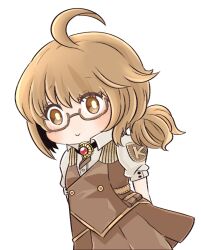 1girl :&gt; ahoge blush brown-framed_eyewear brown_eyes brown_hair brown_skirt brown_vest closed_mouth collared_shirt commentary_request cowboy_shot elly_(ragnarok_online) glasses looking_at_viewer low_ponytail medium_hair pochiko_(poteko) ponytail ragnarok_online semi-rimless_eyewear shirt short_sleeves simple_background skirt skirt_set smile solo transparent_background under-rim_eyewear vest white_shirt