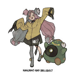 Rule 34 | 1girl, :d, absurdres, bellibolt, bow-shaped hair, character hair ornament, character name, commentary request, grey pantyhose, grey shoes, hair ornament, happy, highres, ichi kawa ichi, iono (pokemon), jacket, long sleeves, multicolored hair, nintendo, open mouth, pantyhose, pokemon, pokemon (creature), pokemon sv, shoes, single leg pantyhose, sleeves past fingers, sleeves past wrists, smile, star (symbol), star print, teeth, two-tone hair, upper teeth only, white background, yellow jacket