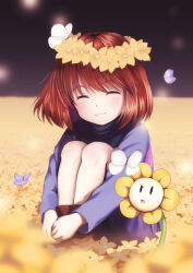 1other :o ^_^ ankle_boots black_background blue_butterfly blue_shorts blue_sweater blurry blurry_background blurry_foreground blush bob_cut boots brown_boots brown_hair bug butterfly butterfly_on_head closed_eyes closed_mouth commentary_request facing_viewer field fj_0102 flower flower_field flower_wreath flowey_(undertale) frisk_(undertale) full_body head_wreath highres hugging_own_legs insect knees_up long_sleeves medium_hair open_mouth other_focus own_hands_together pink_sweater shorts simple_background sitting solo striped_clothes striped_sweater sweater turtleneck turtleneck_sweater two-tone_sweater undertale v_arms white_butterfly yellow_flower