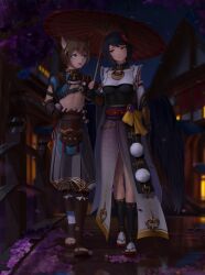1boy 1girl abs absurdres animal_ears armor bird_mask black_bodysuit black_gloves black_hair black_wings blue_eyes blurry blurry_background bodysuit breast_curtain breasts bridge brown_gloves brown_hair cherry_blossoms cityscape collar commentary commission dog_boy dog_ears elbow_gloves electro_symbol_(genshin_impact) english_commentary eyeliner falling_petals fingerless_gloves full_body genshin_impact gloves gorou_(genshin_impact) grey_pants hair_ornament highres holding holding_umbrella igote japanese_armor japanese_clothes kneehighs kujou_sara large_breasts looking_at_another makeup mask mask_on_head midriff navel night numanoan oil-paper_umbrella open_mouth pants parted_lips petals puffy_pants purple_petals purple_sash purple_skirt rain red_mask red_umbrella sash short_hair shoulder_armor single_fingerless_glove skirt socks tassel teeth toned toned_male umbrella upper_teeth_only vambraces vision_(genshin_impact) white_socks wings wooden_bridge yellow_eyes