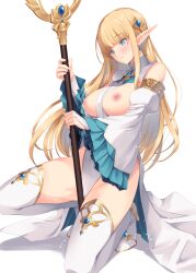 1girl armlet bare_shoulders between_breasts blonde_hair blue_eyes boots breasts breasts_out clothes_between_breasts commentary_request detached_sleeves earrings elf female_masturbation frilled_sleeves frills gold_armlet hair_ornament holding holding_staff jewelry kirishima_satoshi large_breasts leotard long_hair long_sleeves looking_at_viewer masturbation nipples original parted_lips pointy_ears simple_background solo spread_legs squatting staff thigh_boots thighhighs white_background white_boots white_leotard white_thighhighs wide_sleeves