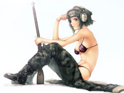 1girl bad_id bad_pixiv_id bare_shoulders bikini bikini_top_only bolt_action boots breasts cleavage f-cla female_focus full_body goggles goggles_on_head green_eyes green_hair gumi gun headphones matching_hair/eyes medium_breasts military military_uniform mosin-nagant rifle short_hair simple_background sitting smile solo string_bikini swimsuit vocaloid weapon