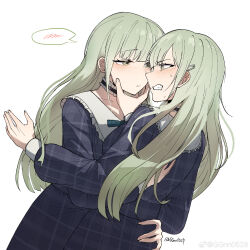 2girls absurdres bang_dream! bang_dream!_it&#039;s_mygo!!!!! black_dress blush choker clenched_teeth closed_mouth dress frilled_choker frills green_hair guagua977 hair_ornament hairclip hand_on_another&#039;s_face hand_on_another&#039;s_waist highres long_hair long_sleeves looking_at_another mortis_(bang_dream!) mortis_(persona)_(bang_dream!) multiple_girls plaid_clothes plaid_dress selfcest simple_background spoken_blush sweatdrop teeth twitter_username wakaba_mutsumi watermark weibo_watermark white_background yellow_eyes
