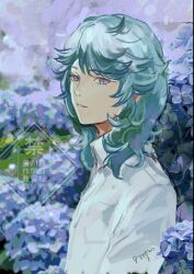 1boy aqua_hair blue_eyes collared_shirt commentary_request day flower from_side goopon highres hydrangea long_hair male_focus nintendo outdoors parted_lips pokemon pokemon_(anime) pokemon_horizons shirt signature solo spinel_(pokemon) upper_body watermark white_shirt