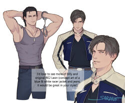 2boys billy_coen black_hair brown_hair commentary_request leon_s._kennedy multiple_boys muscular muscular_male resident_evil resident_evil_0 resident_evil_2 sardine_(kjr0313) shirt short_hair sleeveless sleeveless_shirt tattoo