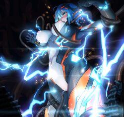 Rule 34 | 1girl, absurdres, blue hair, blush, bodysuit, breasts, cable, colossus (natsukaze shigure), covered erect nipples, covered navel, electricity, electrocution, female ejaculation, giant, giantess, glowing, green eyes, headgear, hexagon print, highres, impossible bodysuit, impossible clothes, large breasts, magical girl, natsukaze shigure, open mouth, original, peril, pussy juice, restrained, science fiction, short hair, skin tight, solo, tentacles