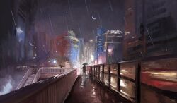 2others bridge building city crescent_moon holding holding_umbrella moon multiple_others night night_sky original painting_(medium) people railing rain sky skyscraper slow_d stairs traditional_media umbrella