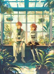 1boy 1girl ahoge belt belt_buckle black_belt black_pantyhose black_skirt boots buckle chaldea_logo chaldea_uniform closed_mouth coat collared_jacket command_spell commentary fate/grand_order fate_(series) fujimaru_ritsuka_(female) full_body gloves green_coat green_eyes greenhouse hair_between_eyes hand_on_own_arm hands_on_lap hanging_plant highres holding holding_plant indoors jacket knee_boots lab_coat lanyard light_particles light_smile long_hair long_sleeves looking_at_viewer medium_hair multicolored_coat one_side_up orange_hair own_hands_together pants pantyhose plant ponytail potted_plant romani_archaman side-by-side sitting sitting_on_table skirt sleeves_rolled_up table two-tone_coat wani_(mezo) white_boots white_coat white_gloves white_jacket white_pants window yellow_eyes