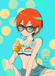 1girl amate_yuzuriha bikini bikini_top_only blue_shorts commentary cup denim denim_shorts disposable_cup drink drinking drinking_straw eyelashes green_eyes gundam gundam_gquuuuuux headphones headphones_around_neck highres holding holding_cup holding_drink nafie_holic nail_polish navel red_hair red_nails short_hair shorts sitting solo stomach swimsuit watermark
