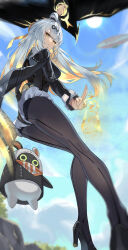 1girl absurdres ahoge ass bird black_bird black_jacket black_pantyhose black_shoes blonde_hair blue_sky breasts closed_mouth colored_inner_hair commentary day eous_(zenless_zone_zero) from_behind from_below hair_ornament high_heels highres iras17514 jacket kuji-in large_breasts long_hair long_sleeves looking_at_viewer looking_to_the_side multicolored_hair official_alternate_costume outdoors pantyhose shoes single_hair_intake sky solo very_long_hair white_hair yellow_eyes yixuan_(trails_of_ink)_(zenless_zone_zero) yixuan_(zenless_zone_zero) zenless_zone_zero