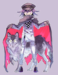 1boy animal black_pants cape danganronpa_(series) danganronpa_v3:_killing_harmony full_body grey_background hat highres kumakoro_(tetsupag) long_sleeves looking_at_viewer male_focus oma_kokichi open_mouth pants purple_eyes purple_hair short_hair simple_background solo torn_cape torn_clothes wolf