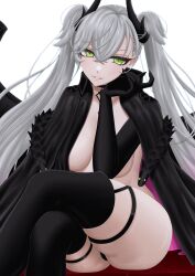 1girl absurdres black_cloak black_hands black_panties black_thighhighs body_markings breasts choker cloak colored_extremities crossed_bangs crossed_legs demon_girl demon_horns demon_wings ear_piercing fate/grand_order fate_(series) green_eyes grey_hair grin hair_between_eyes highres horns large_breasts lilith_(fate) lilith_(second_ascension)_(fate) long_hair looking_at_viewer panties piercing pointy_ears pucci-la-pucci sitting smile thighhighs thighs twintails underwear very_long_hair wings