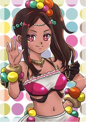 1girl bare_shoulders bracelet breasts brown_hair crop_top dark-skinned_female dark_skin eyeshadow fire_emblem fire_emblem_engage highres jewelry looking_at_viewer makeup medium_breasts momojikutteyaru navel nintendo pearl_belt pearl_bracelet pearl_hair_ornament pink_eyeshadow ponytail solo star-shaped_pupils star_(symbol) symbol-shaped_pupils timerra_(fire_emblem) very_dark_skin yellow_eyeliner
