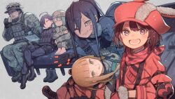 1boy 5girls animal_ears aqua_hair barefoot black_gloves black_hair blonde_hair brown_eyes brown_hair bulletproof_vest character_request cup expressionless facial_tattoo fake_animal_ears fukaziroh_(sao) gloves happy hat helmet jacket kuroboshi_kouhaku llenn_(sao) long_hair military multiple_girls one_eye_closed open_mouth pink_eyes pitohui_(sao) short_hair sitting smile sword_art_online sword_art_online_alternative:_gun_gale_online tan tattoo