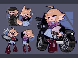 1girl ahoge animal_ears black_pantyhose black_shirt blonde_hair boots crossdressing gakuran hand_up helmet highres holding holding_helmet long_sleeves motor_vehicle motorcycle multiple_views pantyhose puffy_long_sleeves puffy_sleeves purple_sweater_vest red_boots school_uniform shirt short_hair sweater_vest tail tn-yume urotsuki v wolf_ears wolf_tail yume_2kki