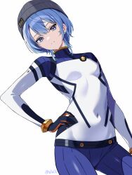 1girl beanie blue_eyes blue_hair bodysuit breasts closed_mouth commentary covered_navel frown grey_hat gundam gundam_gquuuuuux hand_on_own_hip hat highres hololive hoshimachi_suisei looking_at_viewer mecha_pilot_suit short_hair simple_background small_breasts solo star_(symbol) star_in_eye symbol_in_eye virtual_youtuber white_background white_bodysuit you06